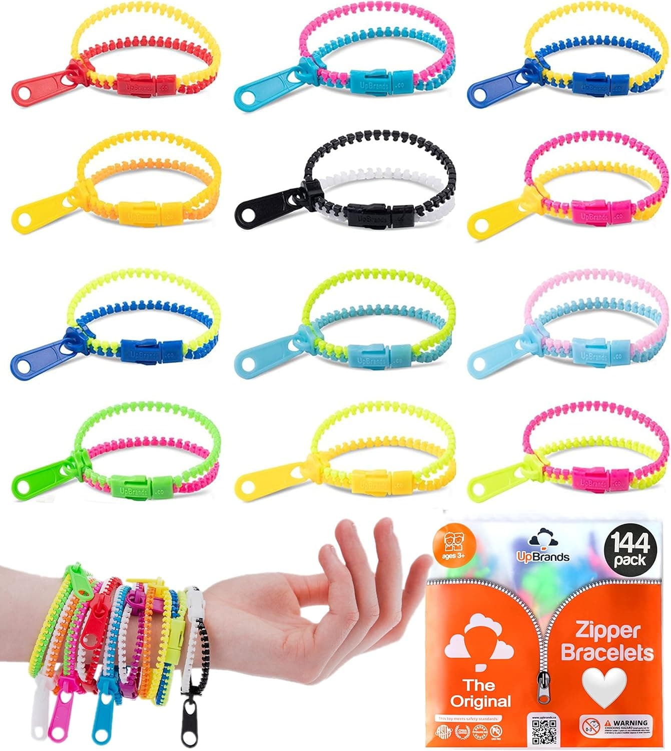 UpBrands 144 Fidget Toys Party Favors for Kids, Friendship Zipper Bracelets 7 ½ “ Sensory Bulk Set Neon Colors, Kit for Valentines, Birthday, Goodie Bags, Easter Egg Basket Stuffers, Pinata Filler