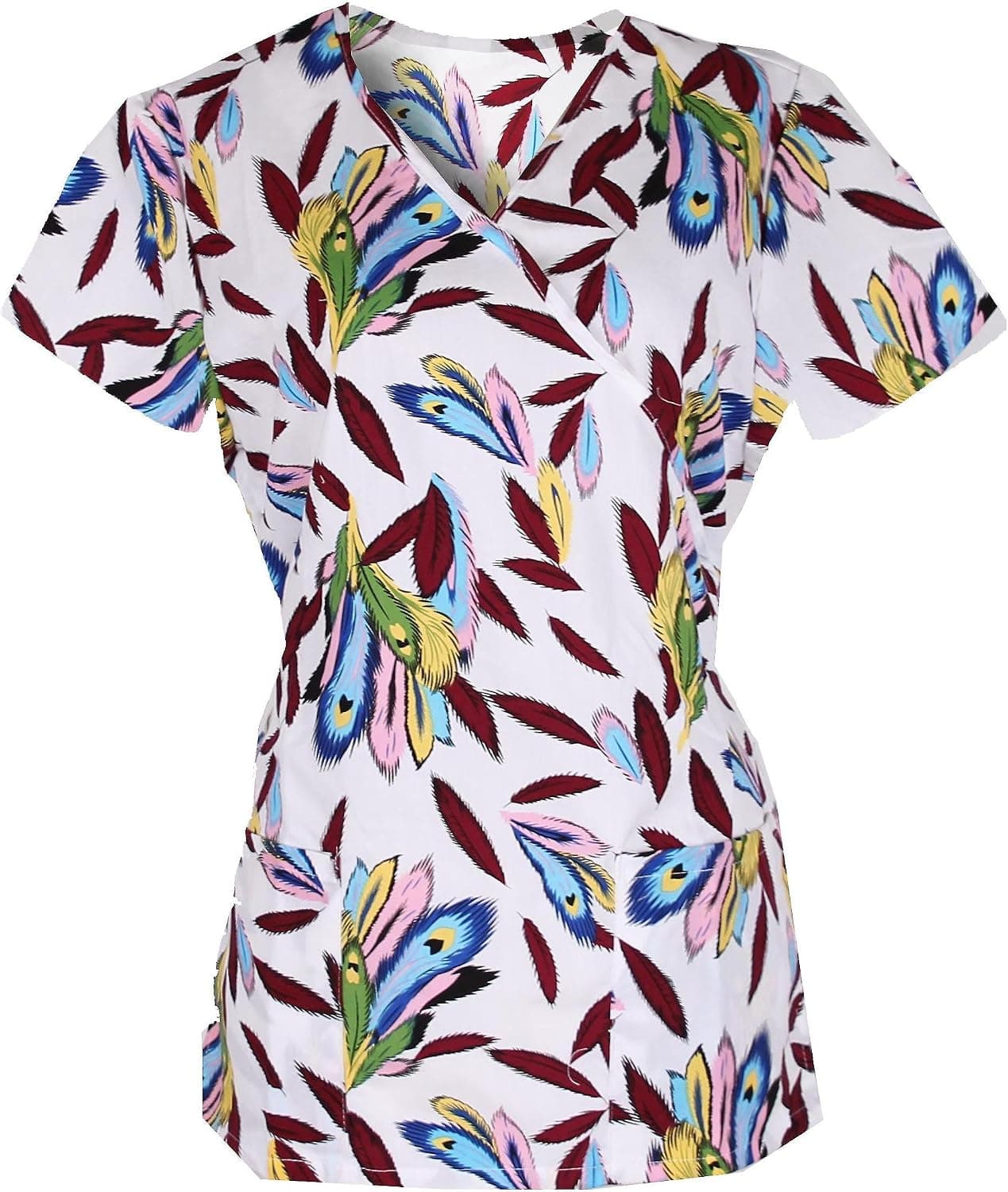 G Med Women's Printed Mock Wrap Back Tie 2 Pockets Scrub Top(TOP-MED,WHTB8-L)