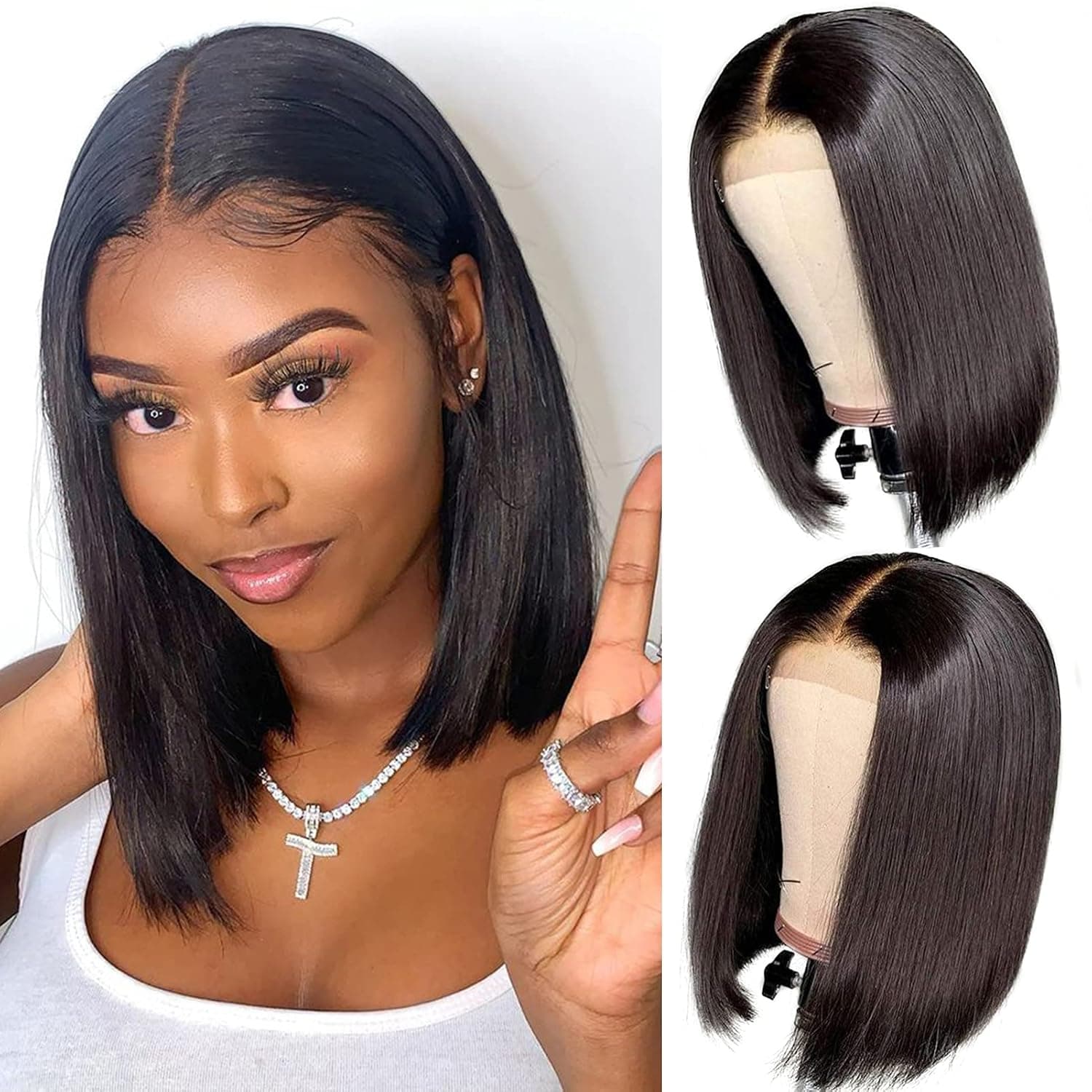Earfodo Short Bob Human Hair Wigs for Black Women 10 Inch Middle Part 4x4 Closure Bob Wig Brazilian Virgin Human Hair Straight Bob lace Front Wigs For Women Natural Black