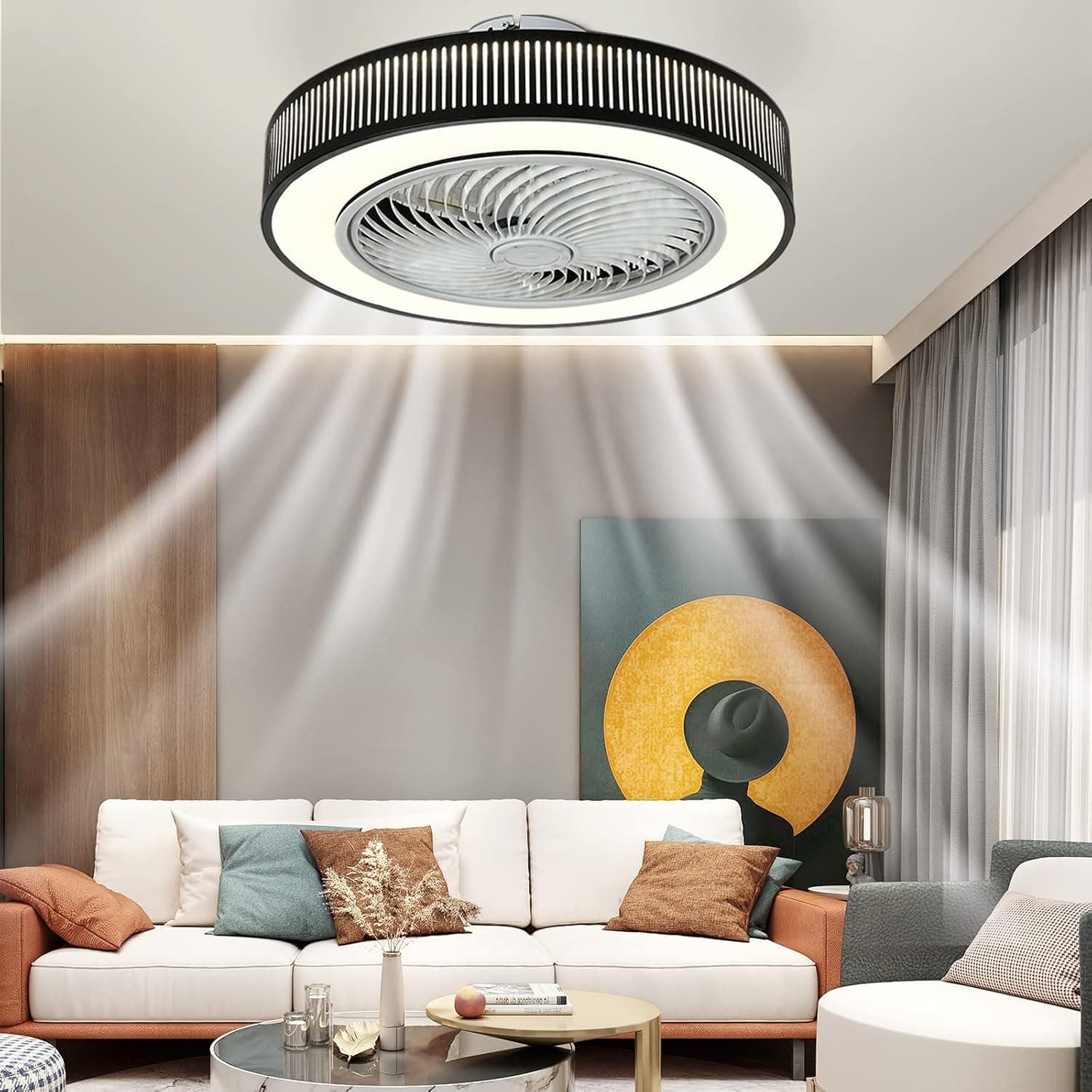 LATATA Ceiling Fan with Lights, 20 Inch Modern Remote Dimmable 72W Enclosed Low Profile Ceiling Fans Flush Mount Fan Light Silent 3 Speed 1/2h Timing, Children's room, Bedroom (Black)