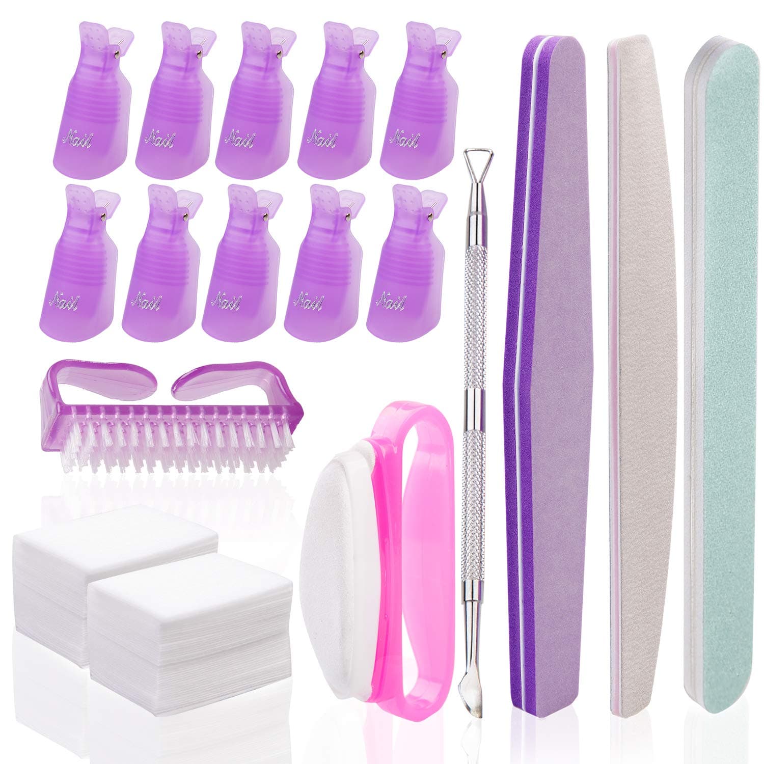 Booshow 8 Pack Gel Nail Polish Remover Tools Kit with Nail Files and Buffers Block Nail Clips Nail Brush Double Ended Cuticle Pusher Nail Remover Pads