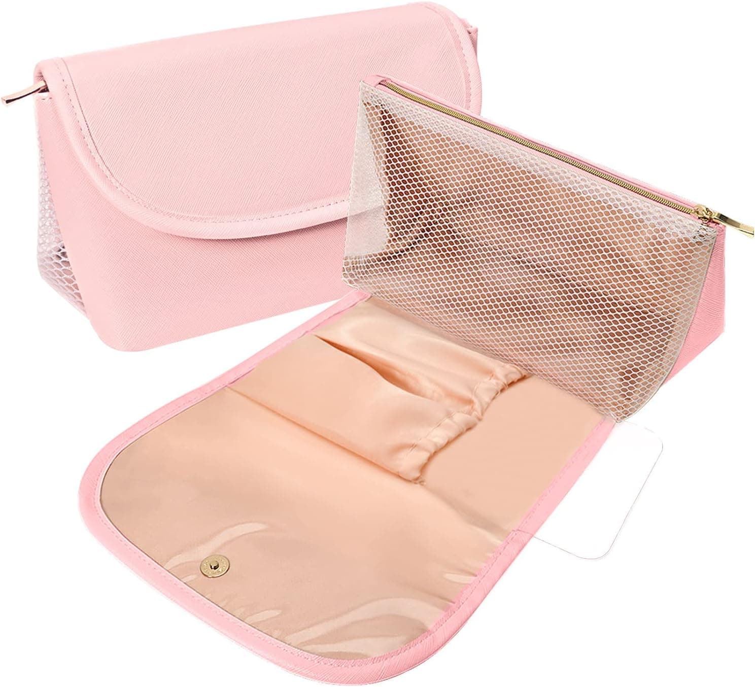 QFDS 2 Layer Makeup Bag, Small Makeup Bag for Women Clear Travel Makeup Cosmetic Organizer Pink Handbag Purse Pouch Compact Capacity for Makeup Brush Holder, Daily Use,Waterproof Leather