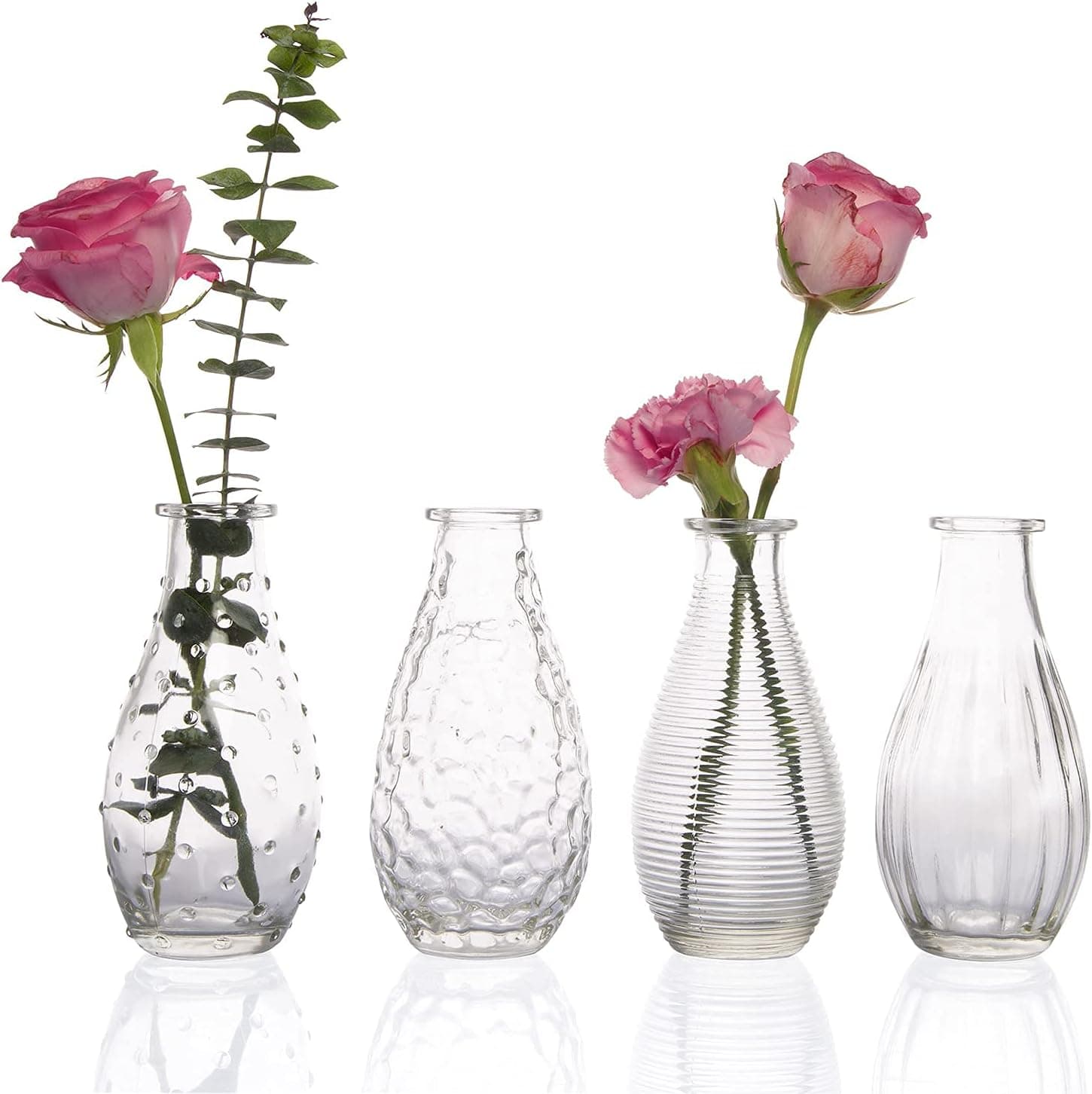 Exqelf Small Flower Vases Set of 4 Glass Bud Vases Mini Table Floral Vase for Home Kitchen, Office or Living Room Decor(Clear)
