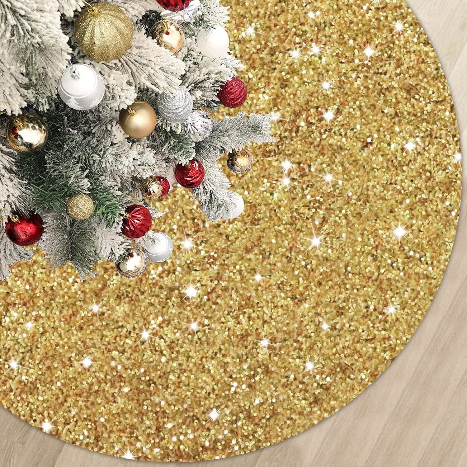 MODFUNS Gold Christmas Tree Skirts 36 Inches Sequence Christmas Tree Skirt Embroidered Christmas Tree Mats Farmhouse Round Merry Christmas Tree Skirt for Christmas Halloween New Year Birthday Ornament