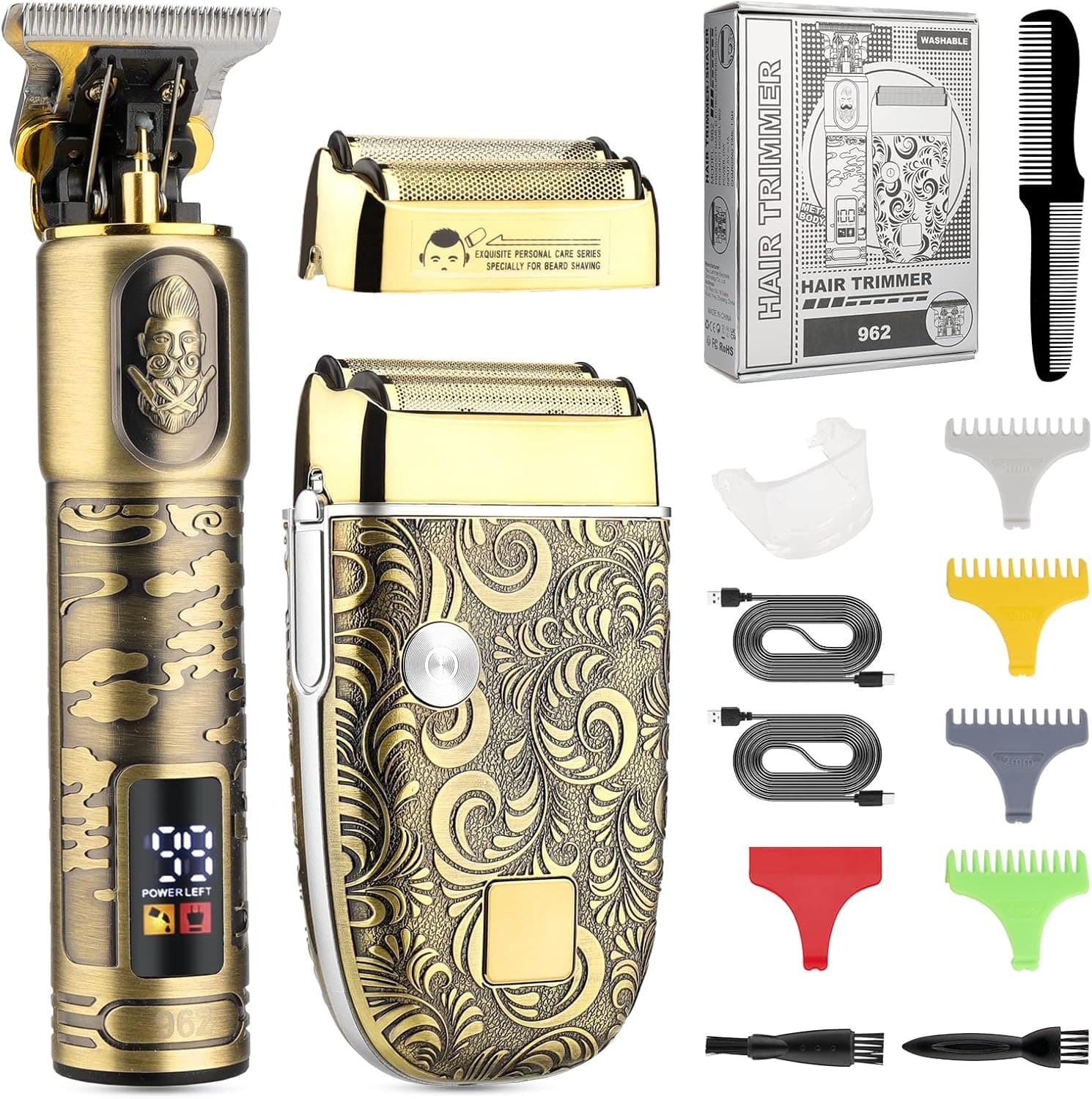 Soonsell T Blade Hair Trimmers for Family+Foil Shaver Trimmer Set,Man Professional Cordless Barbers Clippers Set Blade Close Cutting Beard Trimmer Trimmer， 4 Guards & 2 Foil Head（Gold）