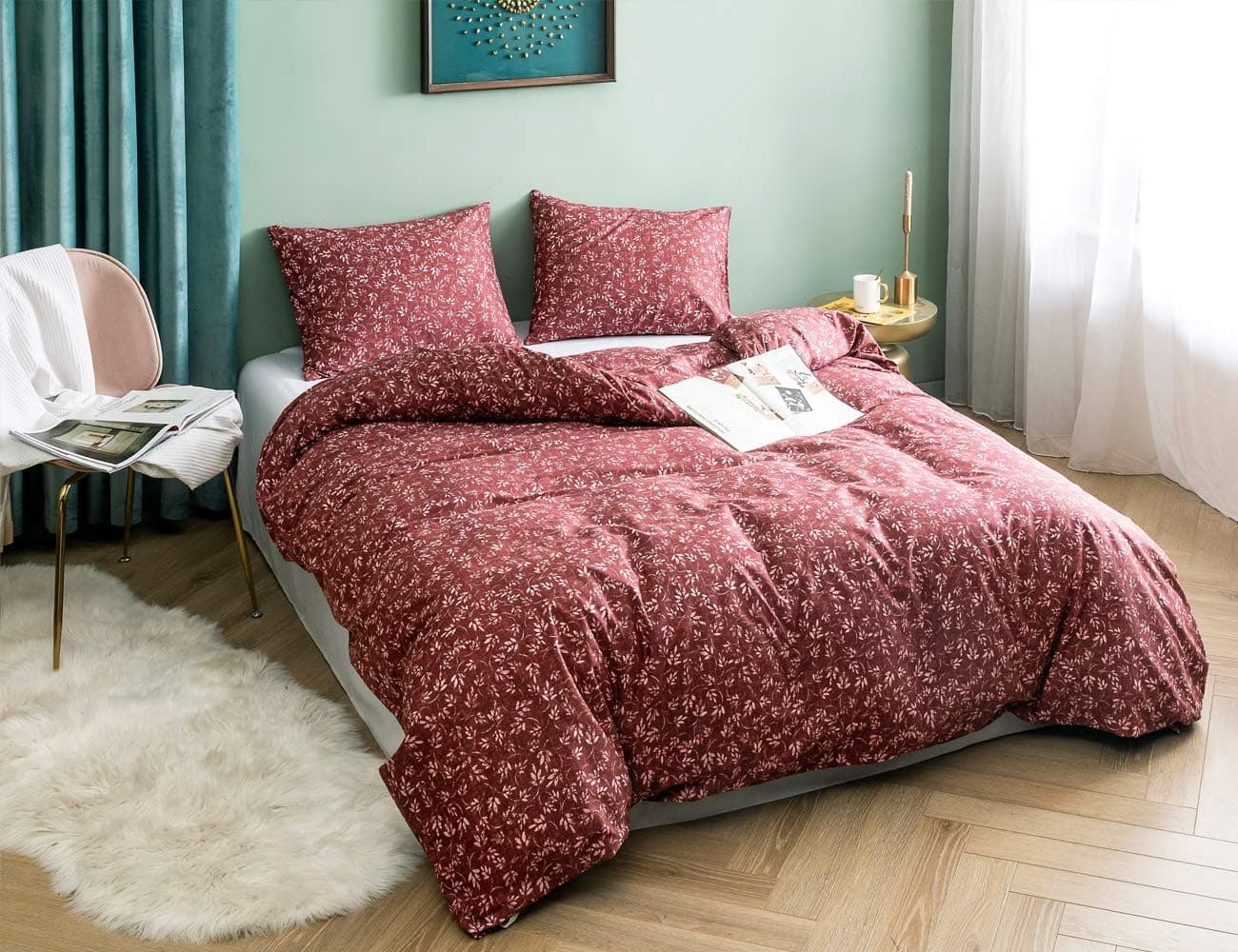 Opcloud Red Floral Bedding Duvet Cover Set King 100% Natural Cotton Sateen 3Pieces Duvet Cover with Shams
