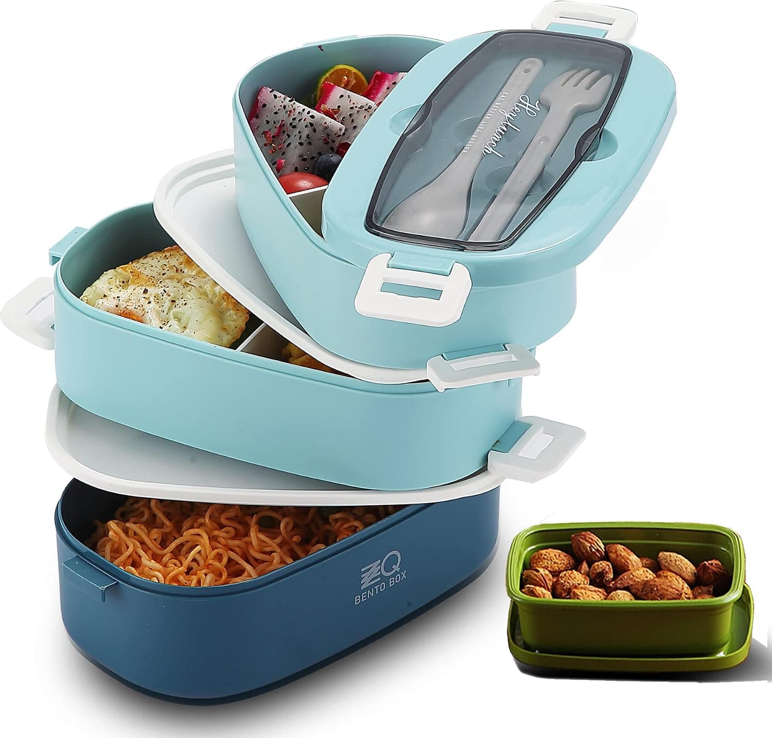 ZZQ Classic Lunch Box - Stackable Bento Box Lunch Container for Adult- Japanese-style Bento Boxes for Kids & Teens, Includes Sauce Containers, Divider, Utensils, Microwave & Dishwasher-safe, Blue