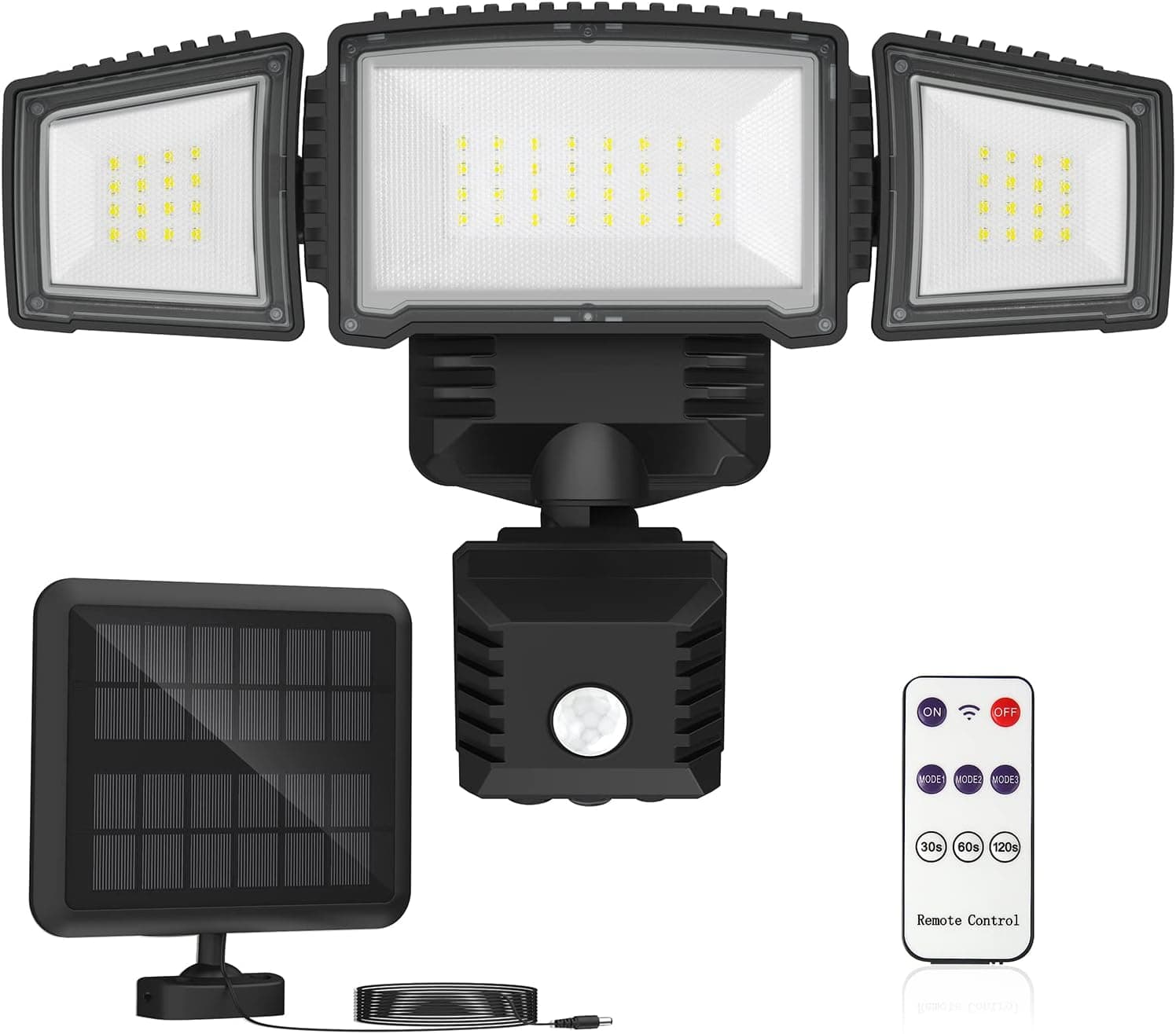 Becament 3000LM Solar Security Lights with 3 Motion Sensor Modes, Wireless Remote Control, Solar Motion Lights Outdoor with 3 Heads, Ip65 Waterproof LED Flood Light for Garage, Porch, Black
