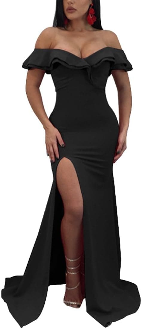 Kearia Women Formal Ruffle Off The Shoulder Bodycon Side Split Mermaid Evening Party Dress Black Medium