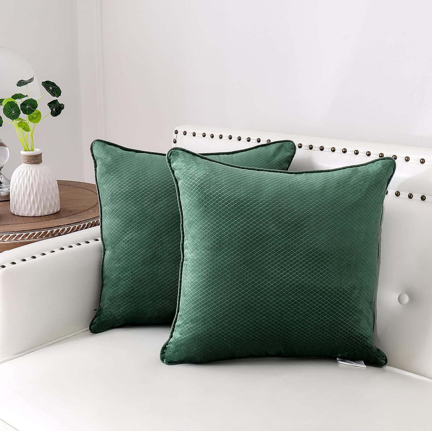 Nottingson Home Set of 2 Soft Velvet Dark Green Pillow Covers 20x20 for Couch Hexagonal Geometric Embossed Solid Square Throw Cushion Covers Luxury Home Decor for Bed/Sofa/Chair/Car