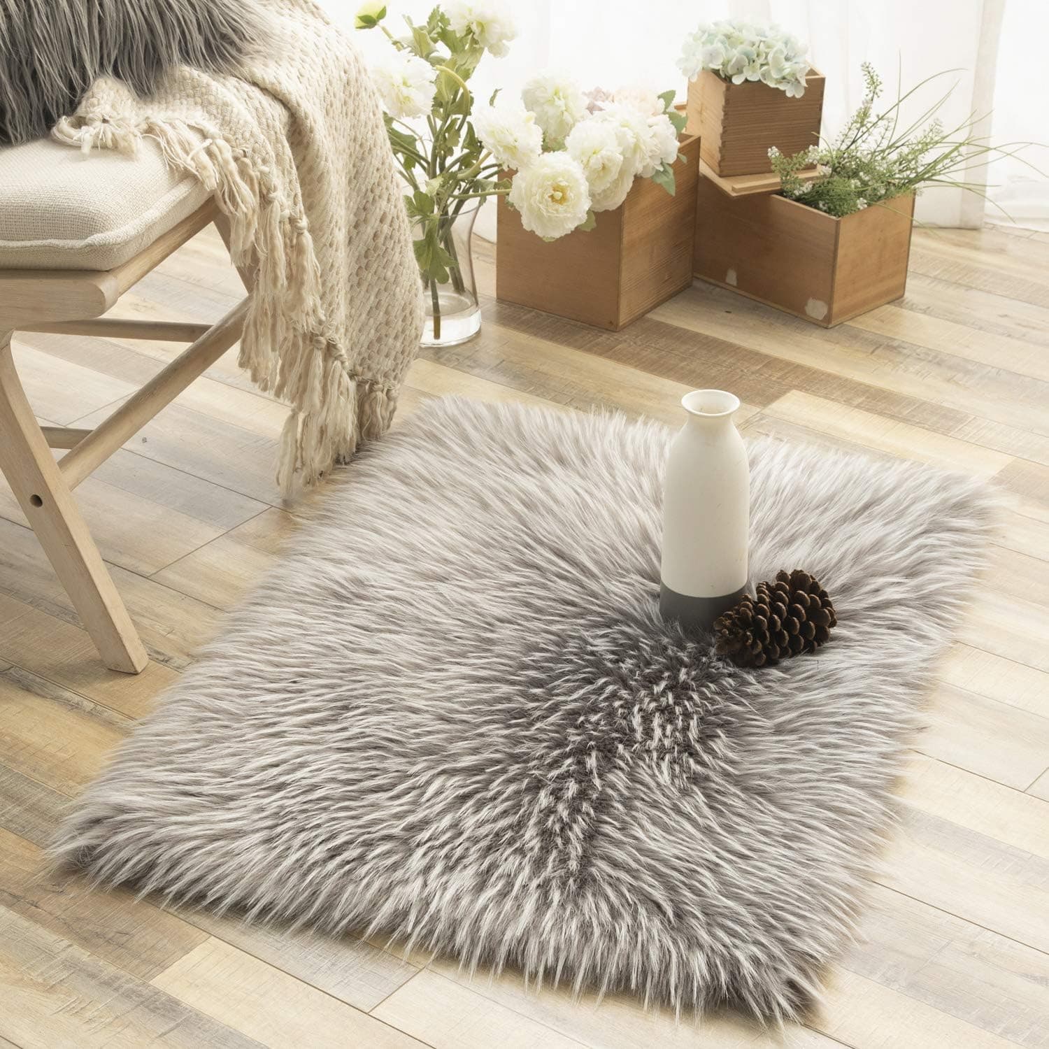 Ashler Faux Fur Rug Sheepskin Area Rug Soft Faux Sheepskin Rugs Fluffy Carpet for Bedroom, Living Room, Kids Room Mat, Grey-Rectangle 2 x 3 Feet