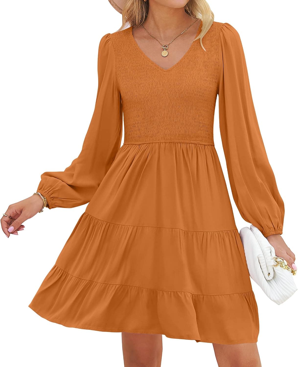 ZESICA Women's Casual V Neck Long Sleeve Smocked High Waist Ruffle A Line Tiered Mini Dress