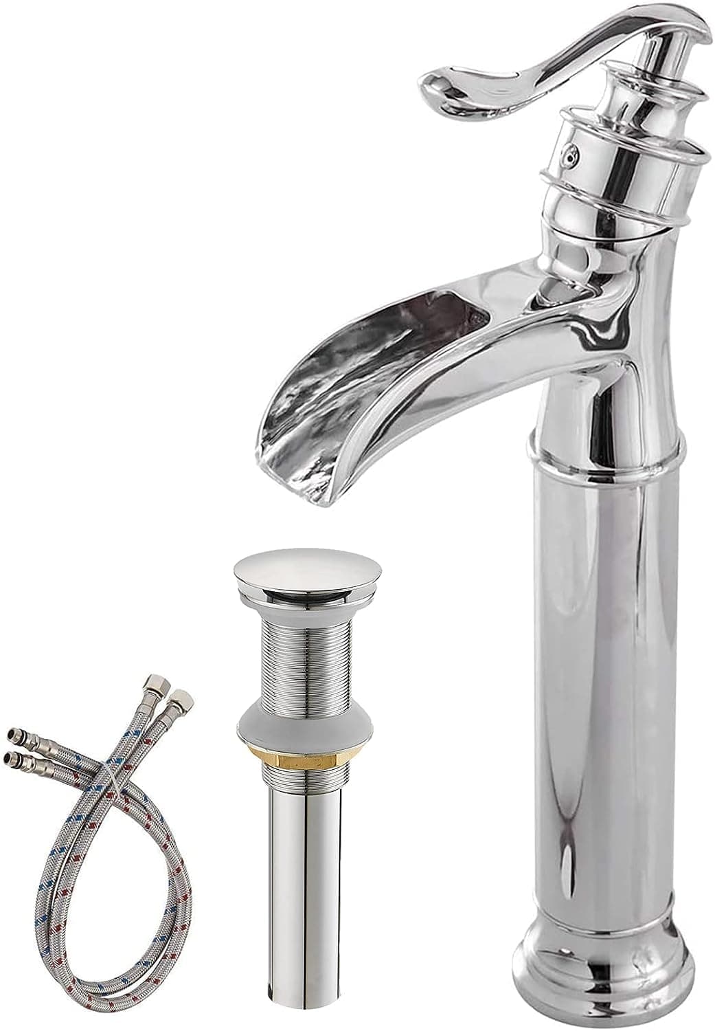 Greenspring Vessel Sink Bathroom Faucet Chrome Single Hole Single Handle Waterfall with Pop Up Drain Without Overflow Lavatory Vanity Faucets Mixer Tap Supply Line Lead-Free