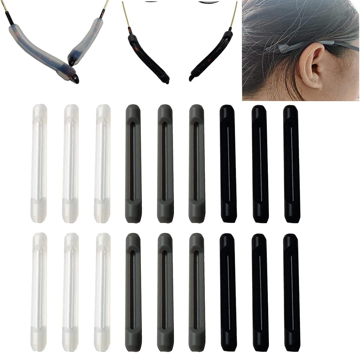 Soft Silicone Eyeglasses Temple Tips Sleeve Retainer,Anti-Slip Elastic Comfort Glasses Retainers For Spectacle Reading Glasses Sunglasses Eyewear。（9Pairs)（3 pairs -Clear 3 pairs -Gray 3 pairs -Black）