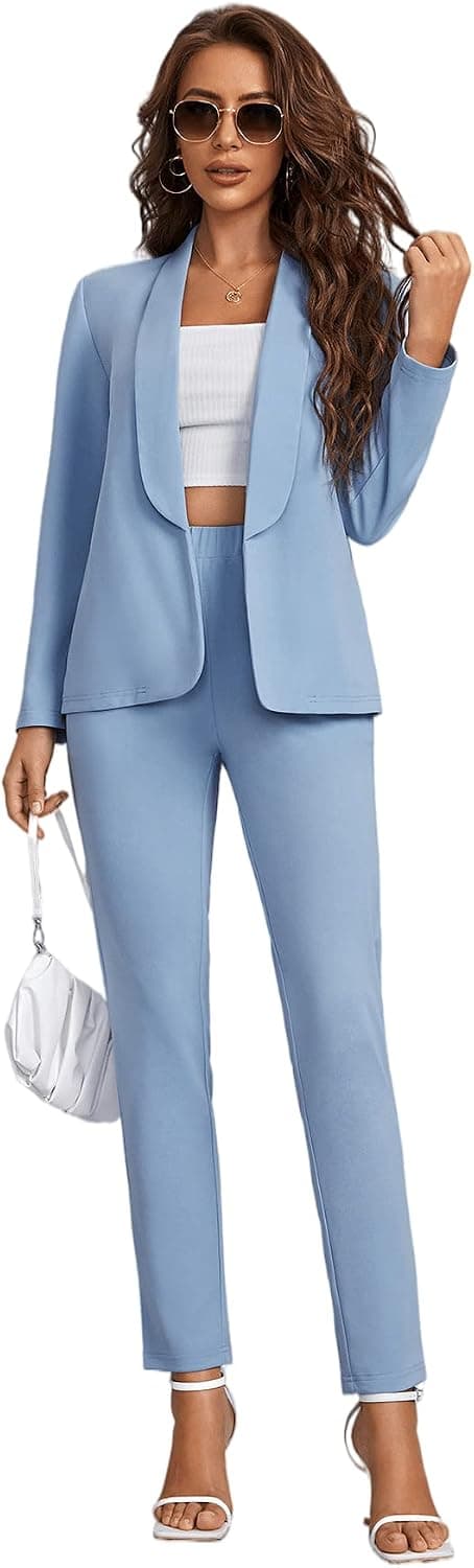 SheIn Women's Open Front Solid Blazer Two Piece Slant Pocket Pants Set Outfits