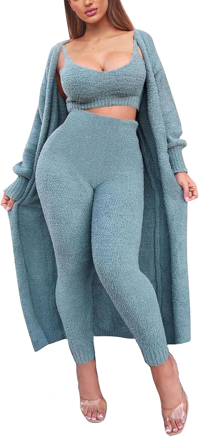 Fixmatti Women's Fuzzy 3 Piece Sweatsuit Open Front Cardigan Crop Tank Tops Wide Legs Pants Lounge Sets