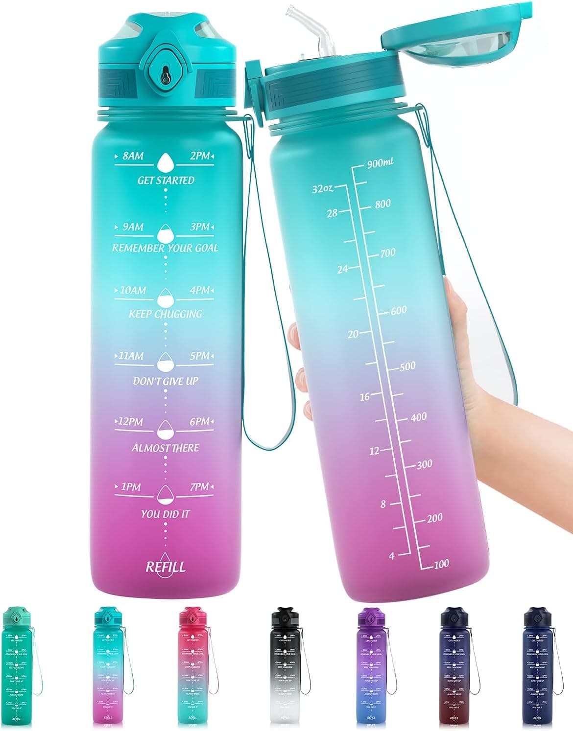 Lunidry Water Bottle with Straw & Time Marker, 32oz Motivational Water Jug BPA-Free Leakproof, to Ensure You Drink Enough Water for Outdoor, Sports, Fitness, Lockable Pop Open Lid
