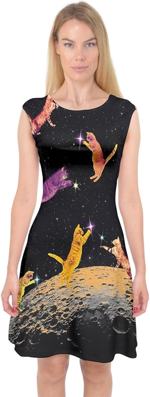 PattyCandy Women's Shine Party Dress Stylish Cat Meow Space Capsleeve Casual Midi Dress