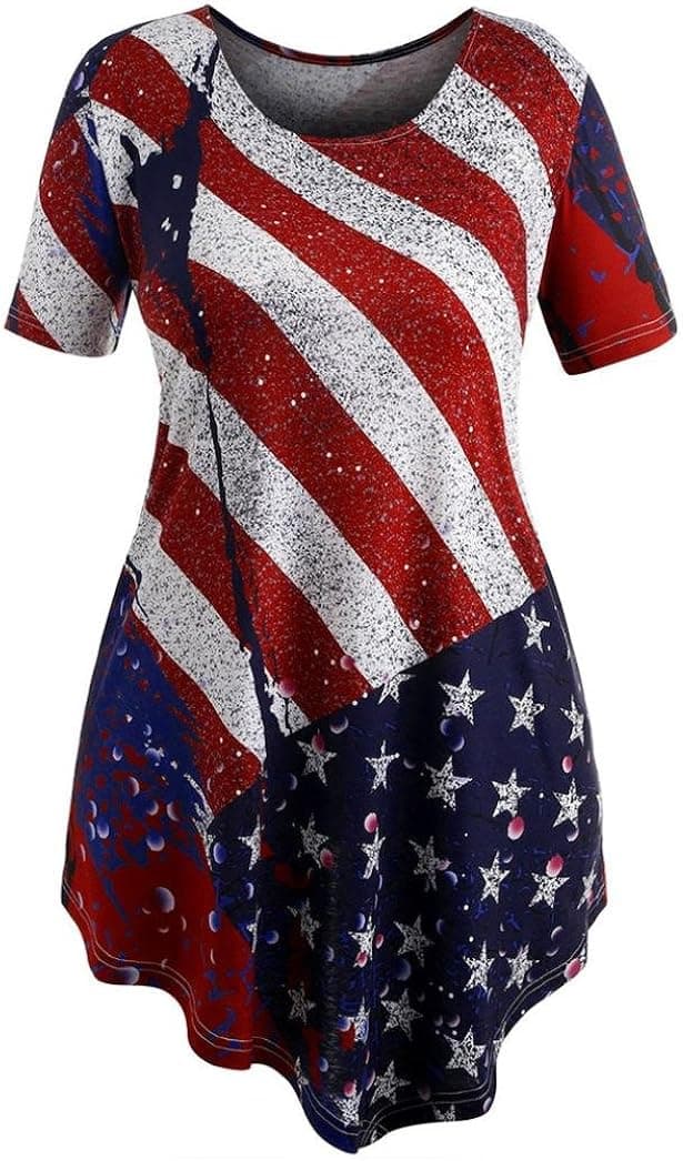 💋 Mysky Women Clearance, Fashion Women American Flag Print Lace Insert O-Neck Tank Tops Shirt Blouse (Red, XL)