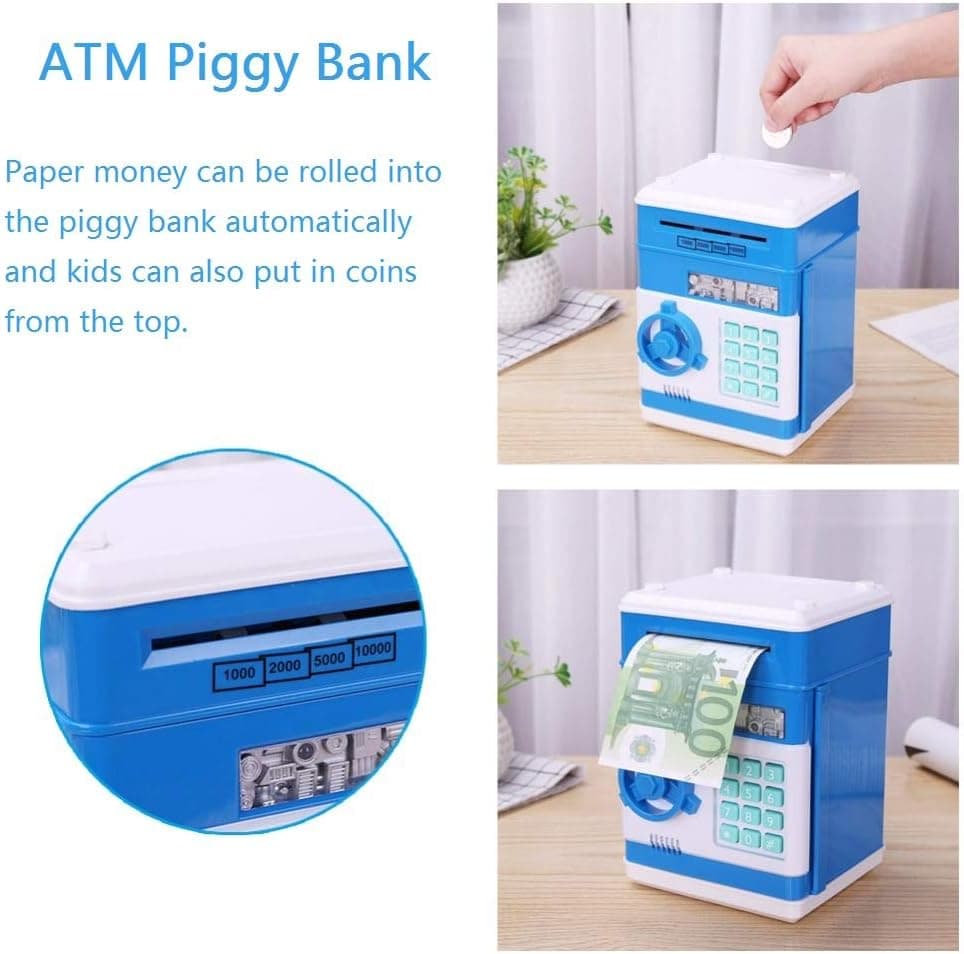 Money Banks, Electric ATM Piggy Bank Mini ATM Password Saving Banks Cash Coin Can Auto Scroll Paper Money Saving Box Toy Gift (Blue)