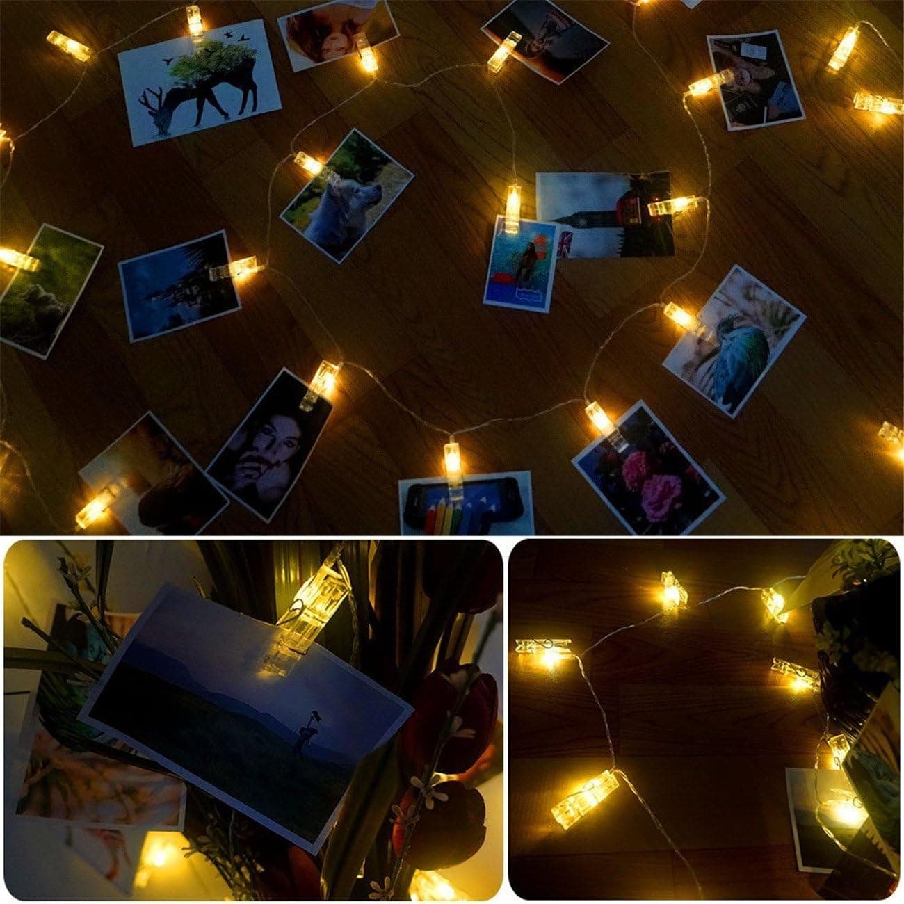 AOAVE 50 LED Photo Clips bedroom String Lights,Indoor decoration wall Fairy Lights for Bedroom Hanging Photos Pictures，Cards and Artworks battery operated with Remote Control (20.5ft, Warm White)