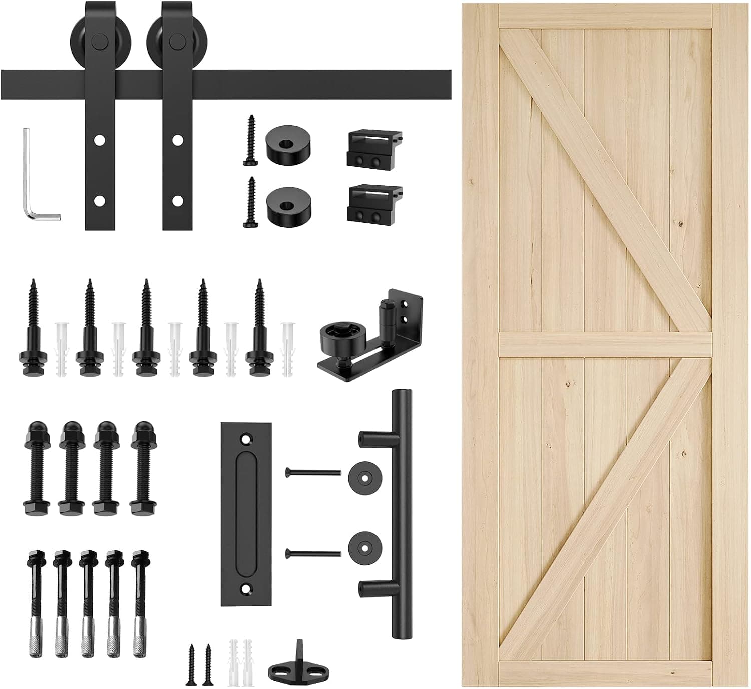 HomLxclx 30in x 84in Barn Door with 5ft Sliding Barn Door Hardware Kit & 12inch Handles & Floor Guide, DIY Unfinished Solid Wood Barn Door Slab, Natural Pine Wood, Pre-Drilled for Install, K-Frame