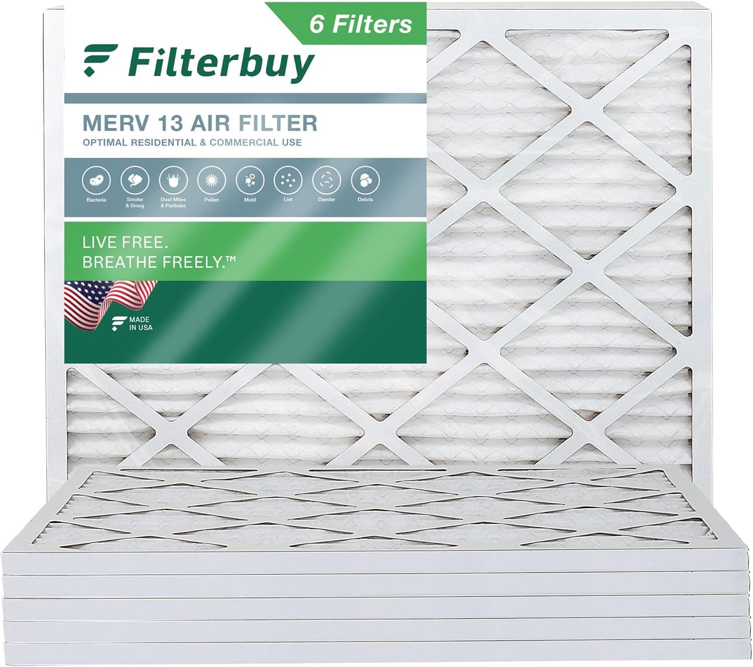 Filterbuy 21x22x1 Air Filter MERV 13 Optimal Defense (6-Pack), Pleated HVAC AC Furnace Air Filters Replacement (Actual Size: 20.50 x 21.50 x 0.75 Inches)