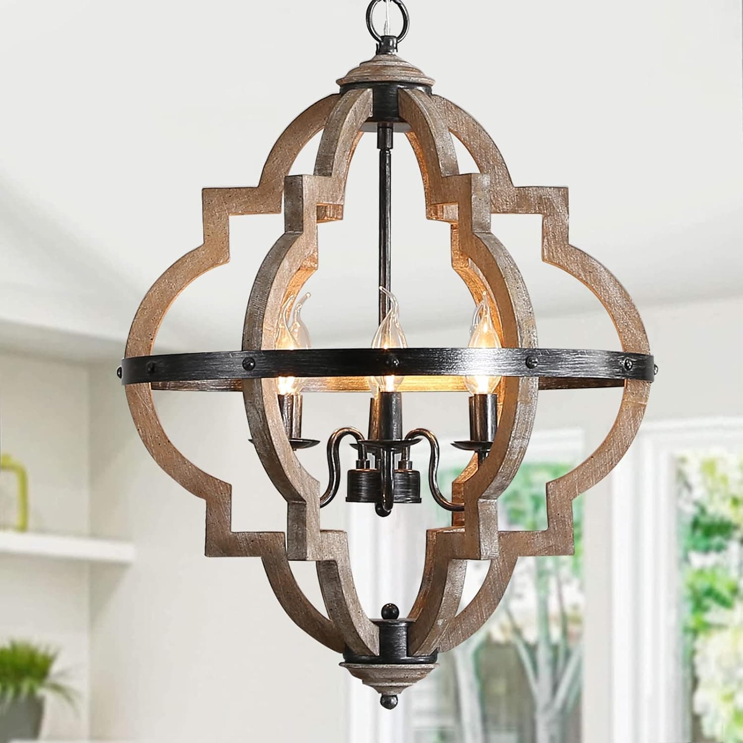 Farmhouse Chandelier French Country 6-Light Wood Light Fixture Rustic Pendant Lighting for Kitchen Island Dining Room Entryway Foyer