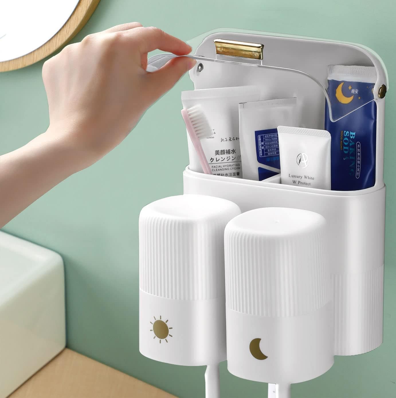 funest Wall Mounted Toothbrush Holders, Adhesive Toothbrush Holders for Bathroom, Dust-Proof Toothbrush Organizer, Storage Comb, Toothpaste, Facial Cleanser, Razor and Other toiletrie(2Cups White)