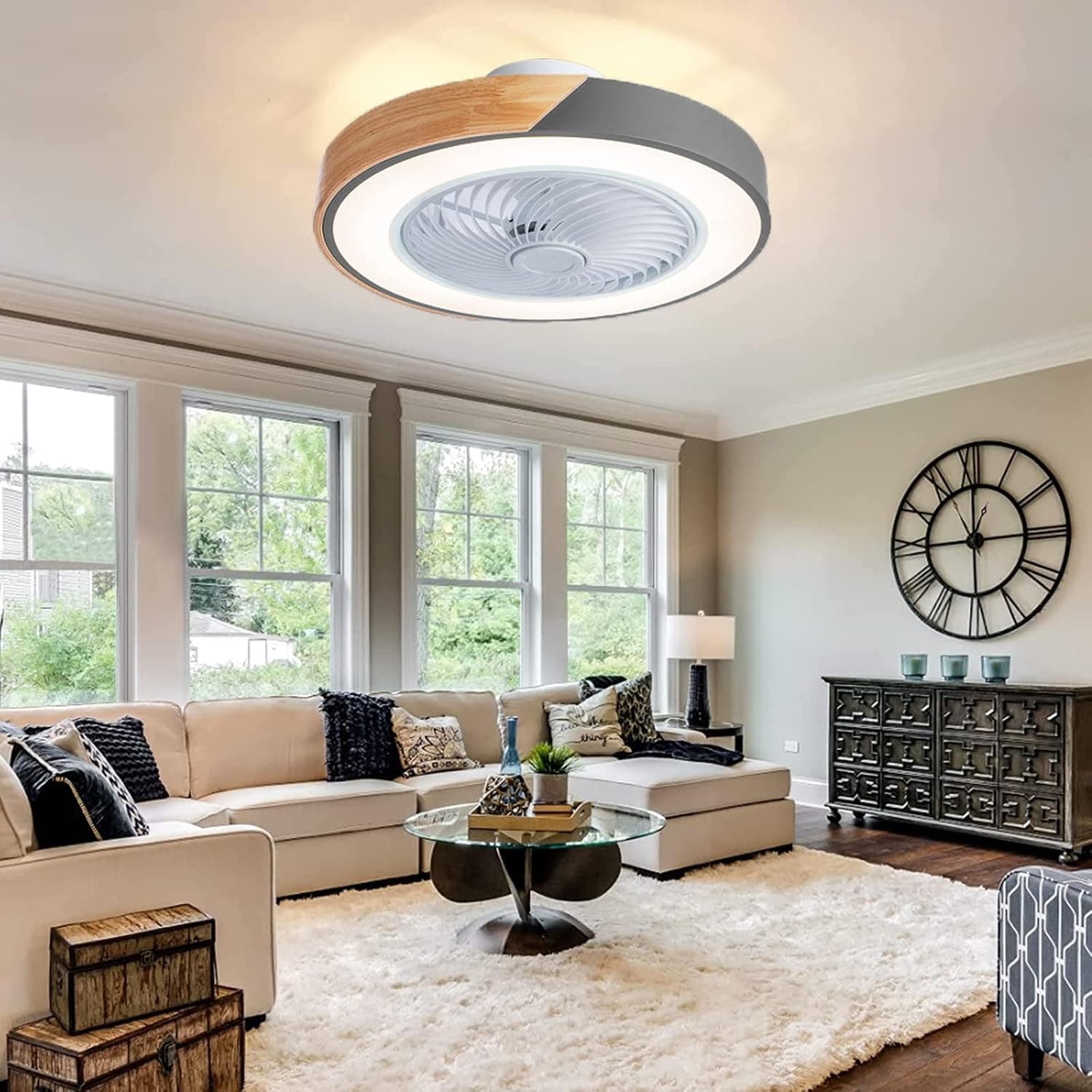 JLPAN Bladeless Ceiling Fan with Lights, 20'' Modern Flush Mount with Lights Remote Control APP Dimmable Enclosed Low Profile Ceiling Fan, LED Reversible 6 Wind Speed Timing Lighting Memory, Gray