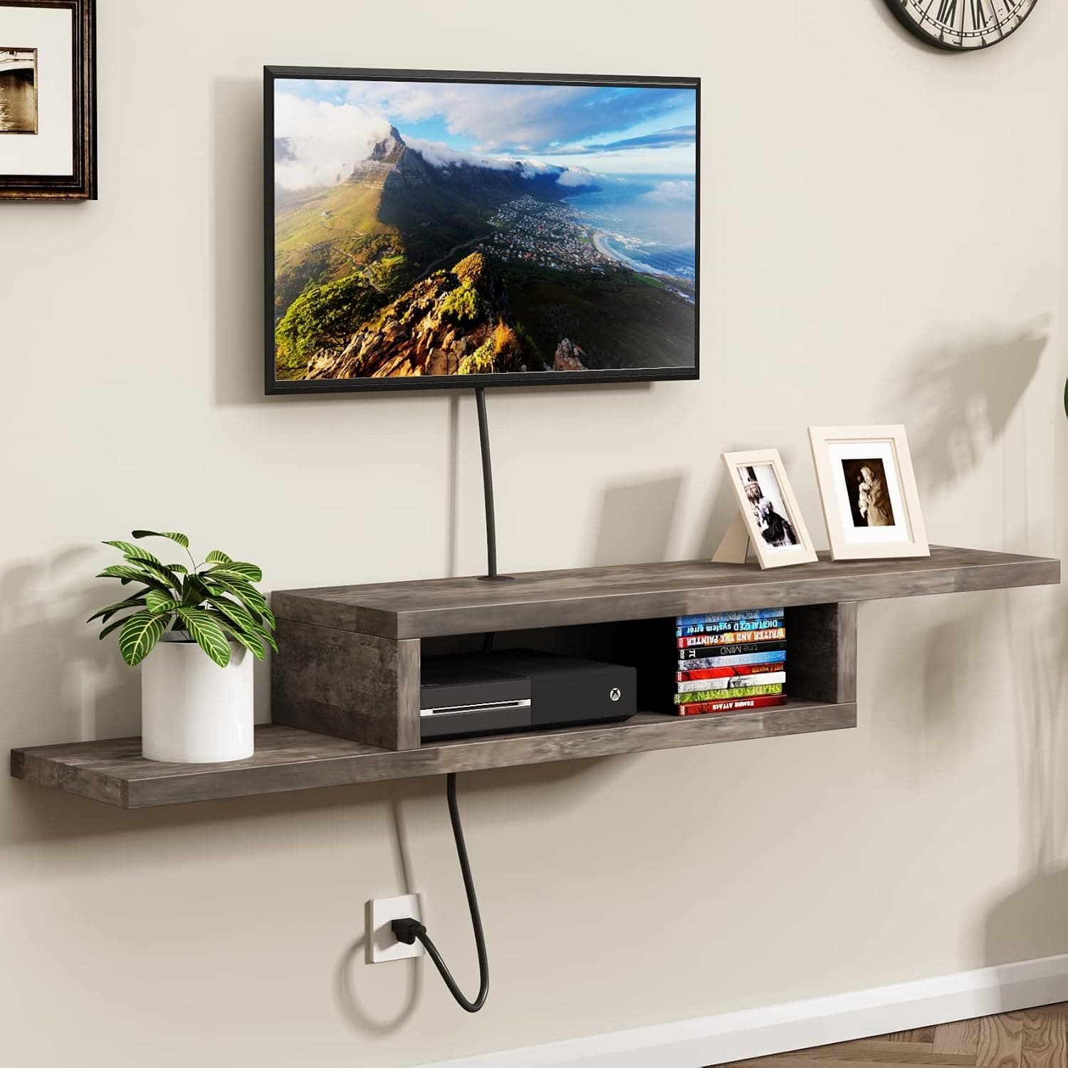 ChooChoo Wall Mounted TV Stand, Media Console Stand, 60” TV Storage Shelf, Floating TV Stand Entertainment Shelf for Living Room, Bedroom, Grey