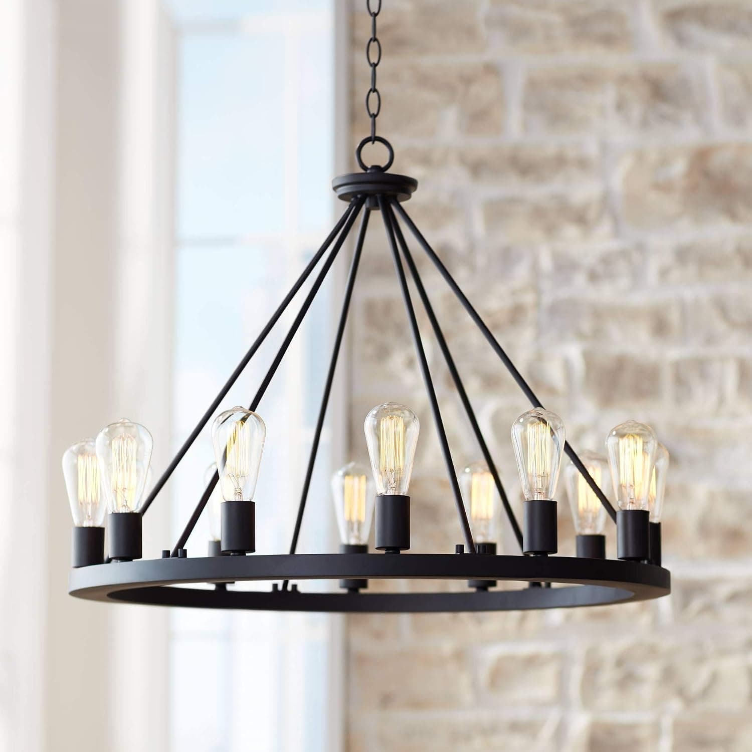 Franklin Iron Works Lacey Black Wagon Wheel Chandelier Lighting 28" Wide Farmhouse Industrial Rustic LED 12-Light Fixture for Dining Room Living House Home Foyer Kitchen Island Entryway Bedroom