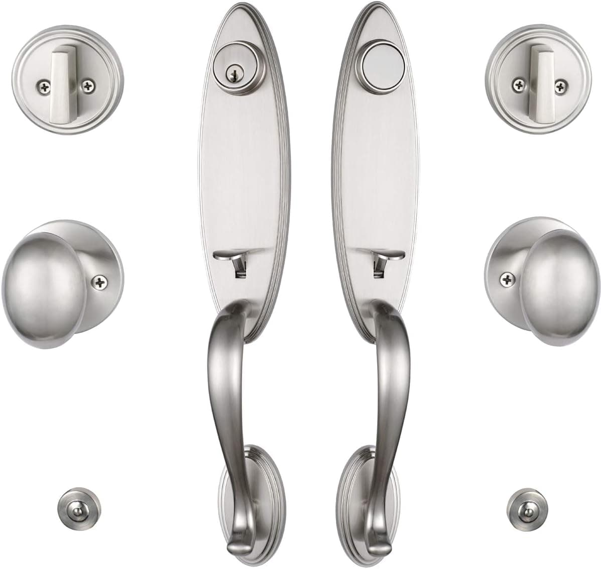 TMC Front Double Door Handleset One-Piece Door Handle Set with Egg Konb and G-Grip - Reversible Right & Left Hand(Keyed&Dummy Set) MDHST2006SN-DOUBLE