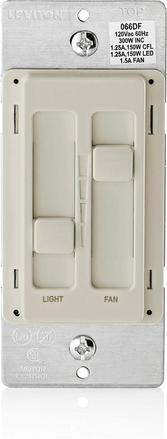Leviton 66DF-10T SureSlide Dual Quiet Control for 150W LED, 300W Incandescent/Halogen, 1.5 Amp Fan, 120V, Light Almond