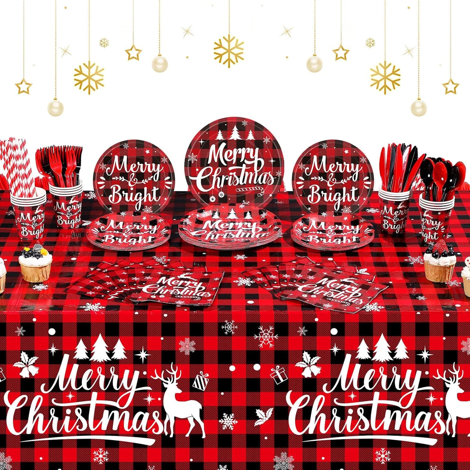 94 Pcs Christmas Buffalo Plaid Party Supplies Red Black Buffalo Plaid Plates Set Christmas Disposable Tableware and Tablecloth Party Pack for Xmas Holiday Party Home Dinner Supply, Serves 24