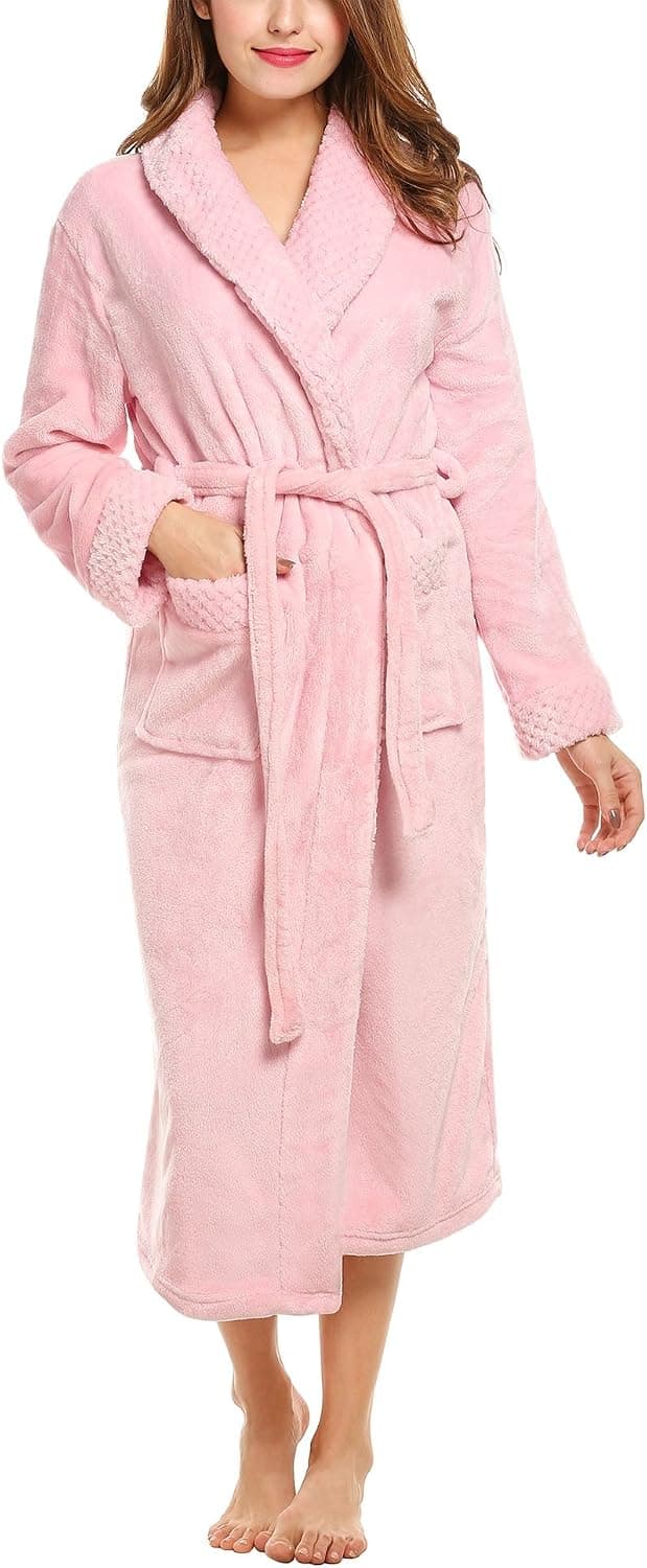 Hotouch Womens Sleepwear Robes Long Fleece Spa Robe Soft Plush Bathrobe Pink M