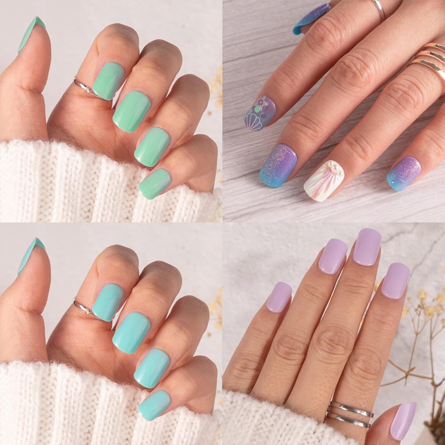Vamony Blue Green Press On Nails Kit, 102pcs Press on Nails Short Square Fake Nails, Acrylic False Nail Tips Starter Kit, Manicure Essentials for Women, Deep-Sea Mermaid