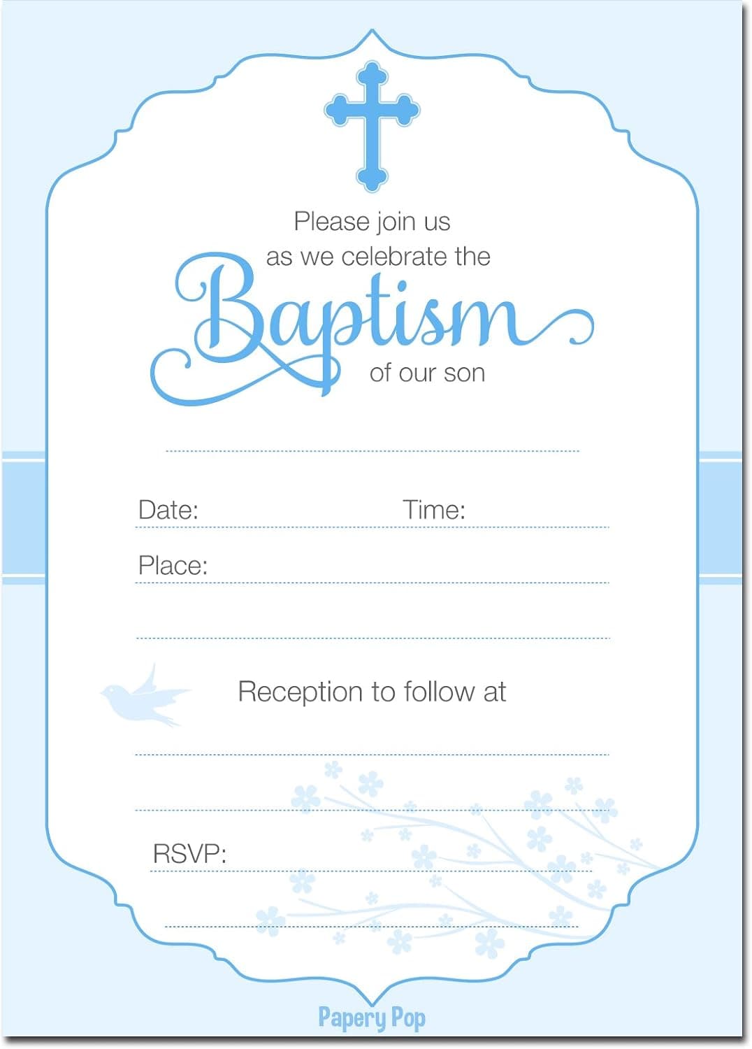 30 Baptism Invitations Boy with Envelopes (30 Pack) - Religious Christening Celebration Invites - Fill in Style