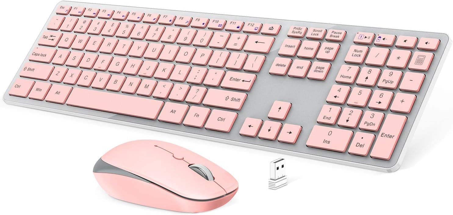 OMOTON Wireless Keyboard and Mouse, 2.4GHz Full-Size Keyboard and Mouse Combo with 3-Level Adjustable DPI Mouse for Computer, PC, Desktop, Laptop with Windows 2000 / XP / 7/8 / 10 / Vista (Pink)