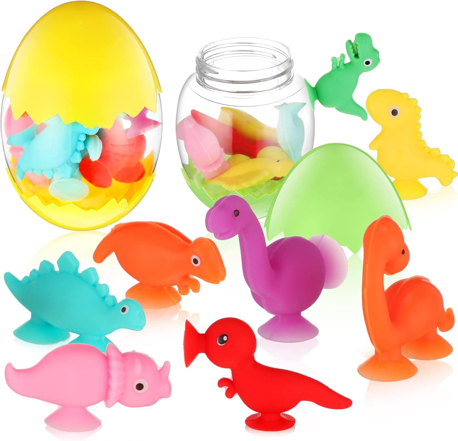 20 Pcs Dinosaur Suction Toys Suction Cup Bath Toys Stress Release Toys Travel Toys Silicone Animal Sucker Toys with 2 Pcs Eggshell Storage, Sensory Toys for Baby 3 Year and Above Boys Girls