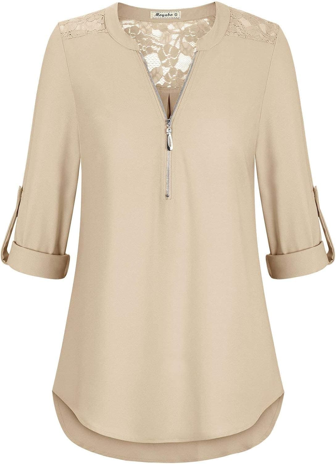 Moyabo Womens Lace Patchwork 3/4 Cuffed Sleeve V Neck Zip Up Chiffon Shirt Casual Blouse Tunic Tops