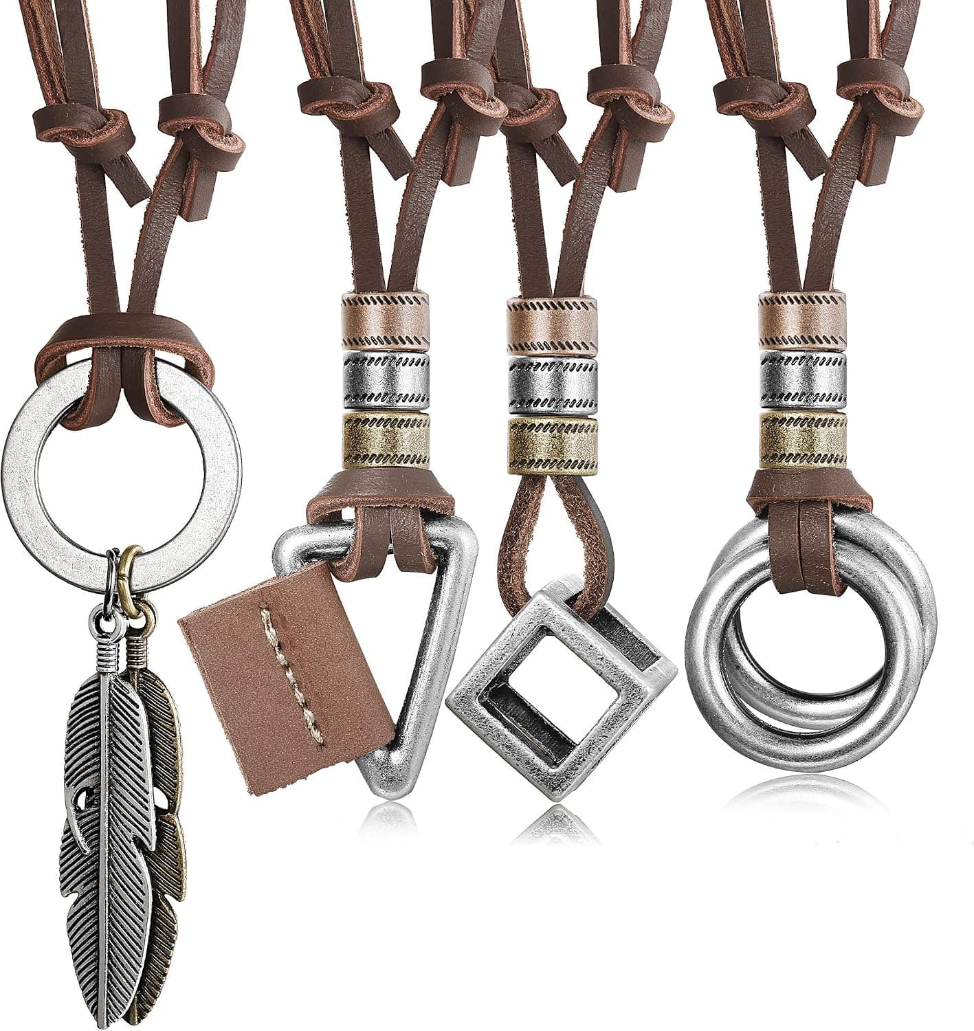 JOERICA 4pcs Leather Necklace for Men Women Vintage Feather Cube Chain Necklace Adjustable