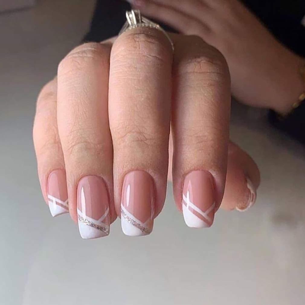 BABALAL French Fake Nails, 24Pcs Pink False Nails Medium Square Full Cover Nail Tips for Women and Girls