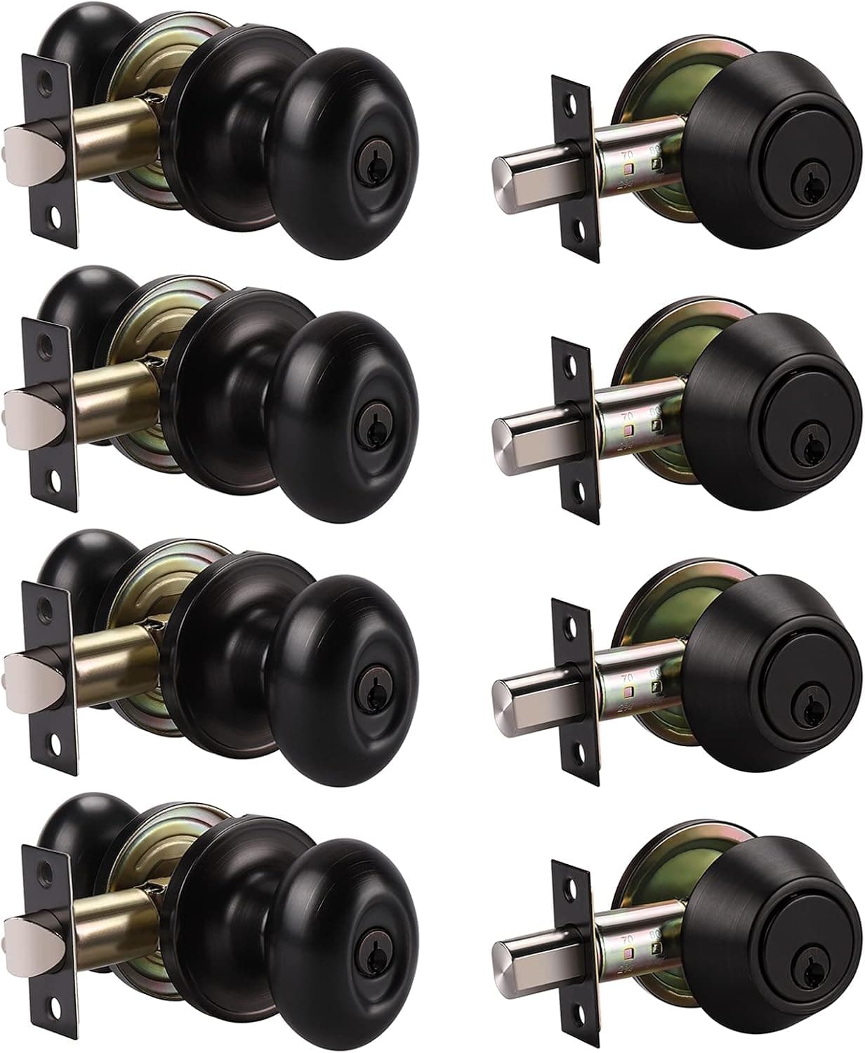 Home Improvement Direct 4 Pack Keyed Entry Door Knob and Single Cylinder Deadbolt Combination Set in Aged Oil Rubbed Bronze Finish, Exterior Knob with Lock and Deadbolt, Keyed Alike