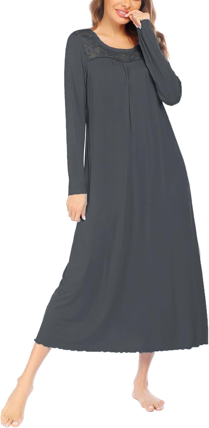 Ekouaer Women's Long Nightgown Full Length Sleeve Sleepwear Pleated Scoopneck Nightshirt Lace Trim Pajama Dress S-XXL
