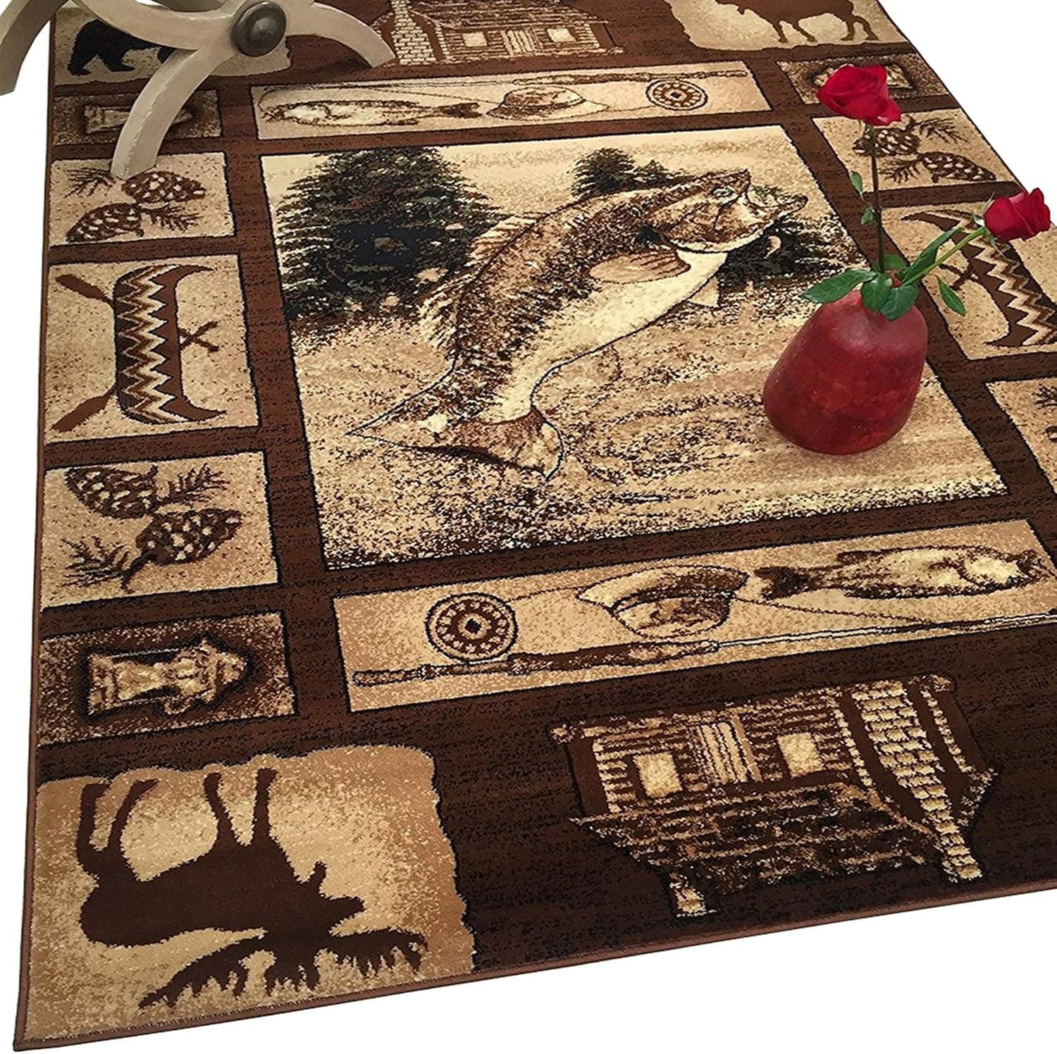 HR Cabin Rug–Lodge, Cabin Nature and Animals Area Rug–Modern Geometric Design Cabin Area Rug–Abstract, Multicolor Design– Moose/Kayak/Fishing Equipment/Big Fish