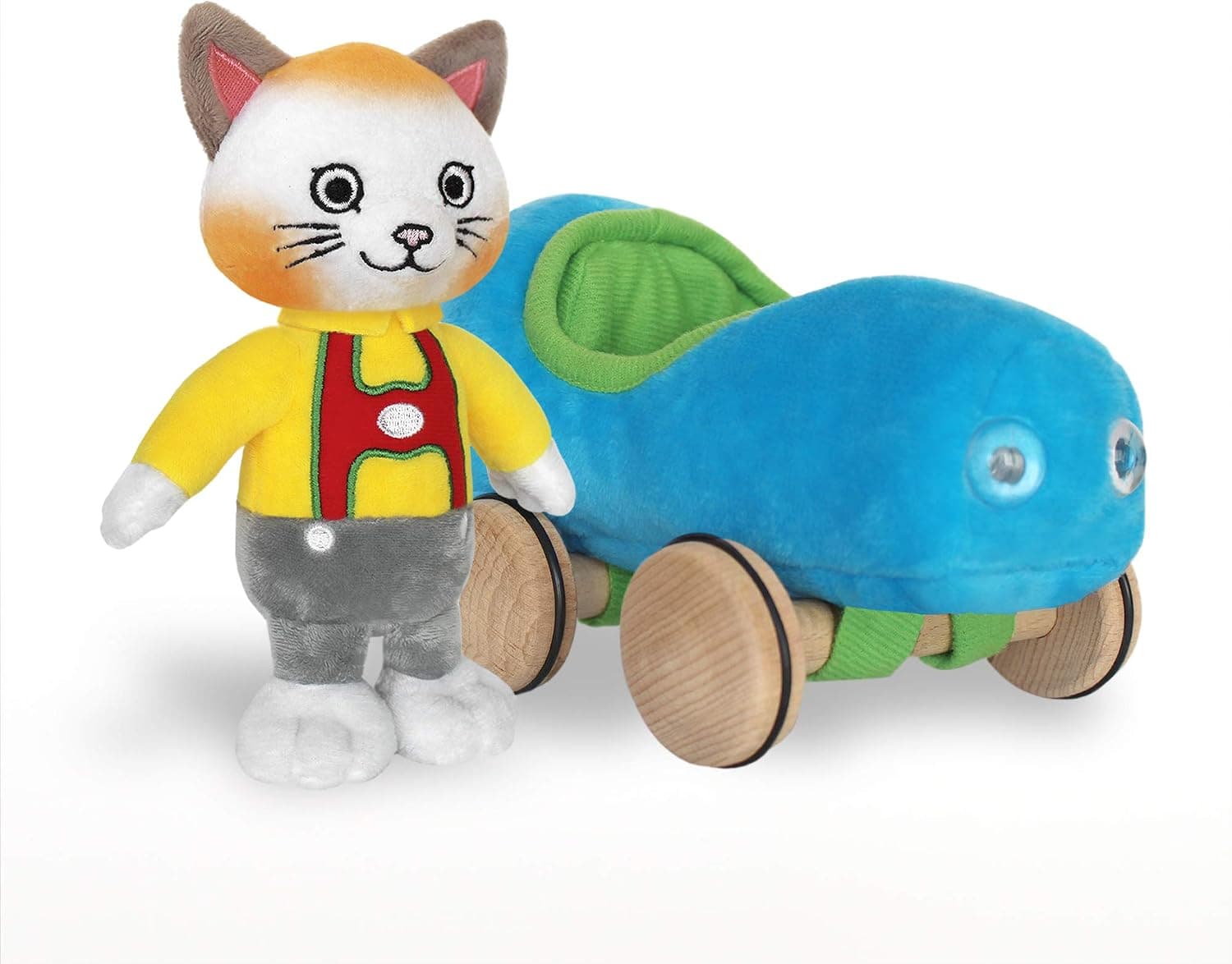 YOTTOY Richard Scarry Collection | Huckle Cat Soft Toy with Busytown Blue Car - 2 in 1 Toy