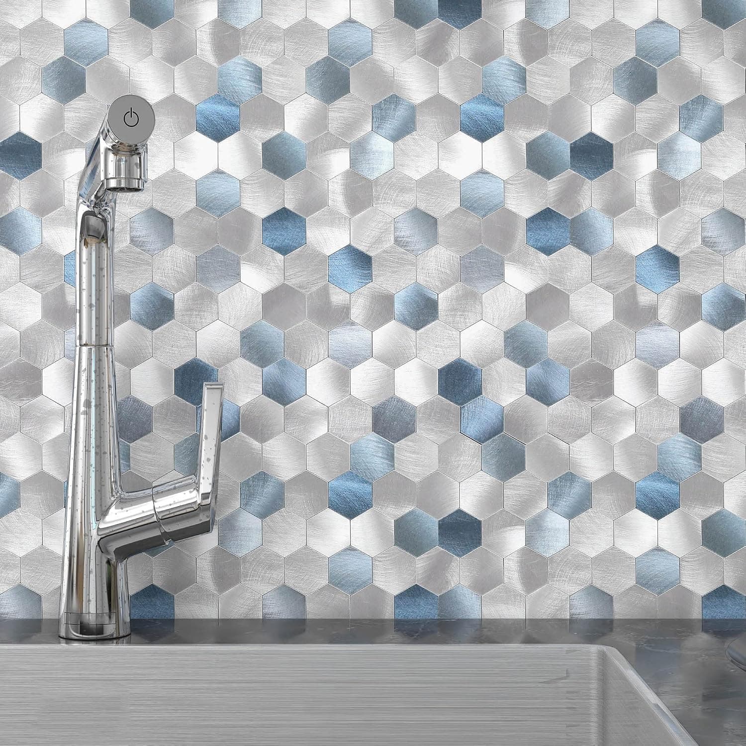BeNice Peel and Stick Backsplash for Kitchen Hexagon Tiles,Adhesive Backsplash for Kitchen Adhesive Wall Tiles Peel and Stick Metal Tile 3D Tile Stickers 5pcs Blue