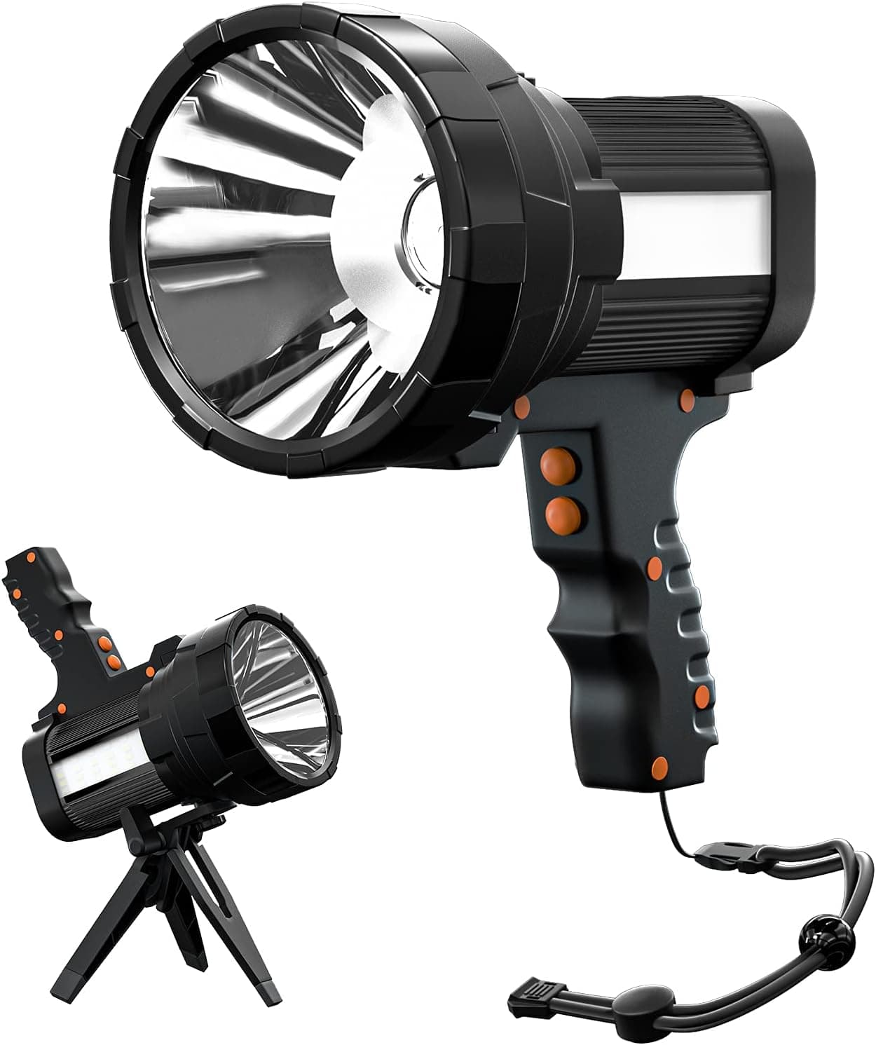 Rechargeable Spotlight, Super Bright 6000Lumen Handheld Flashlight with Foldable Tripod, 10000mAh Spot Light with USB Power Bank, 6 Modes IP44 Searchlight for Fishing Hiking with Wristband