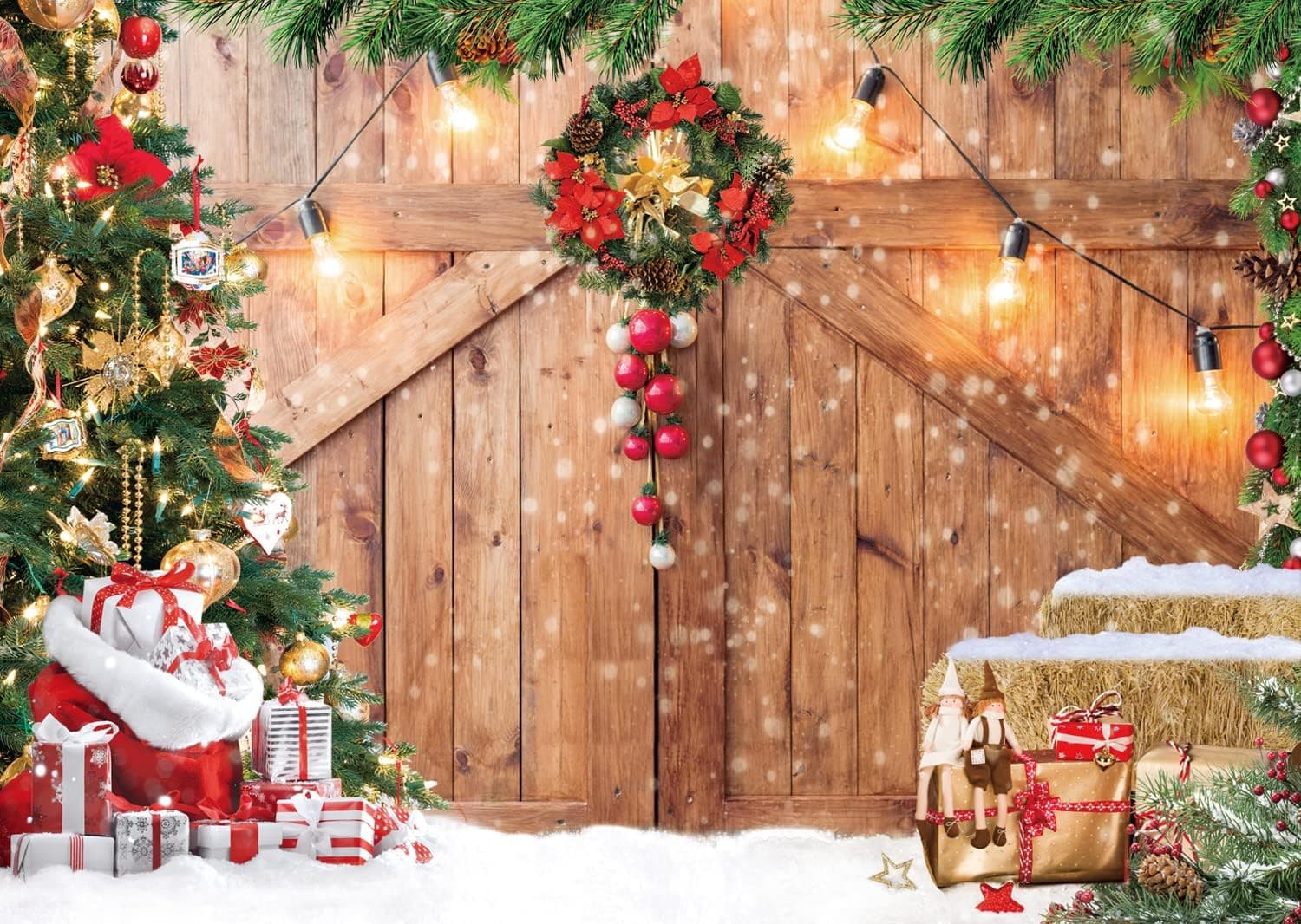 LTLYH 8x6ft Christmas Photography Backdrop Christmas Barn Door Background Christmas Barn Door Xmas Tree Snow Gift Wall Floor Party Photo Background 164